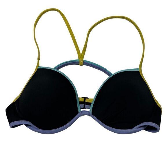 Victoria’s Secret 32 C Bikini Top Black Green Blue Straps Trim Swim Suit Bathing - Picture 1 of 3